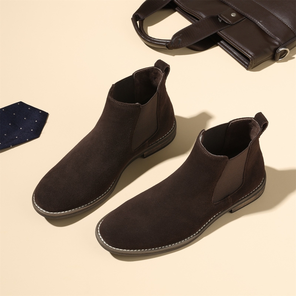 Men's Timeless Suede Leather Chelsea Boots - DARK BROWN - 6